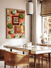 Overhead view of illustrative sushi rolls, salmon sashimi, lemon, green teapots, and patterned, in a styled room mockup