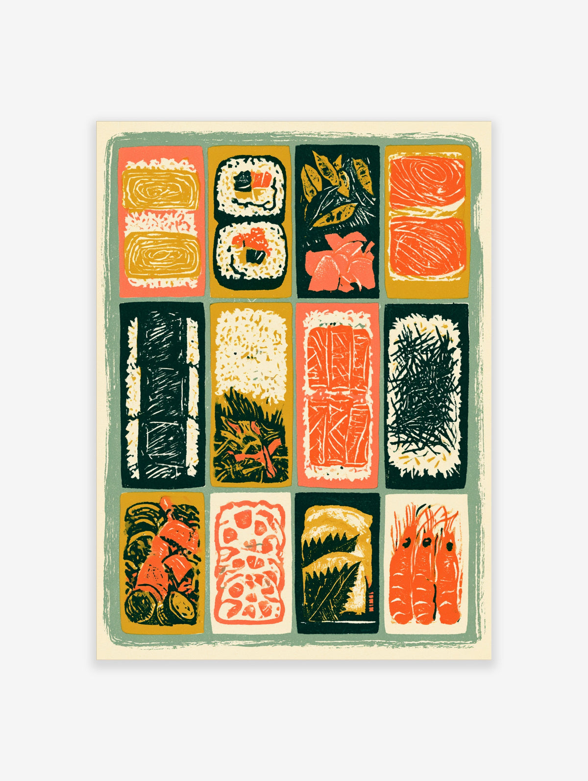 Sushi and sashimi art print with maki rolls, nigiri, edamame, and tempura in a colourful grid