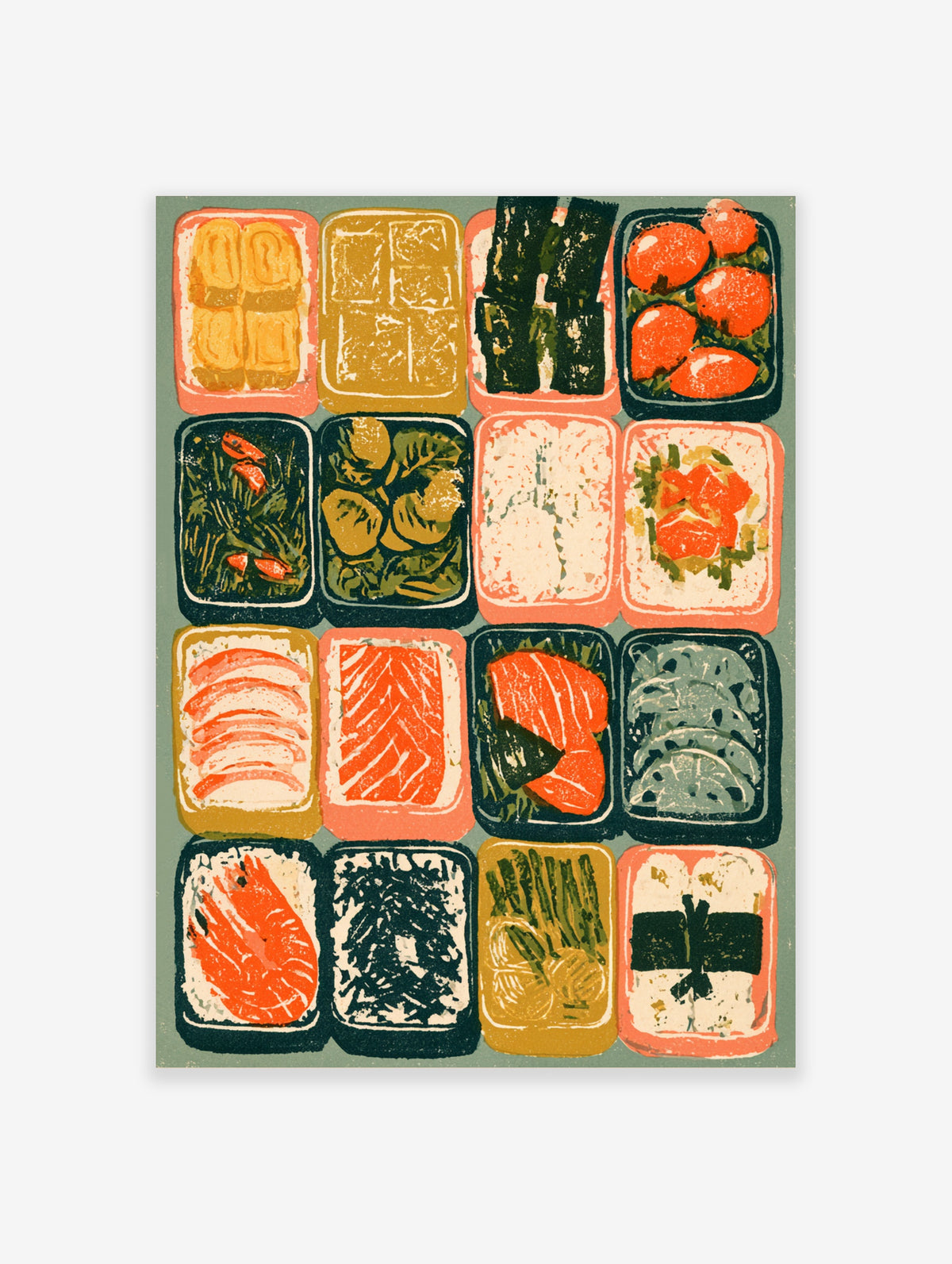 Sushi bento box poster with twelve trays of nigiri, maki, tamagoyaki and edamame in a retro risograph style