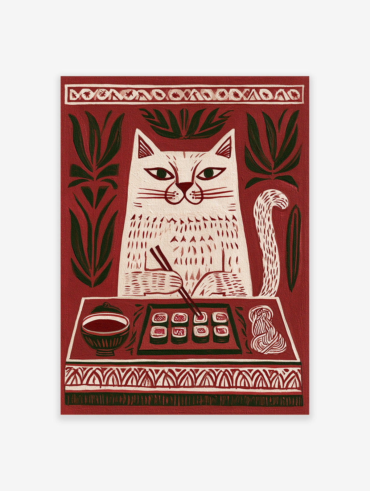 White cat eating sushi with chopsticks at a red table, dark green leaves and geometric borders