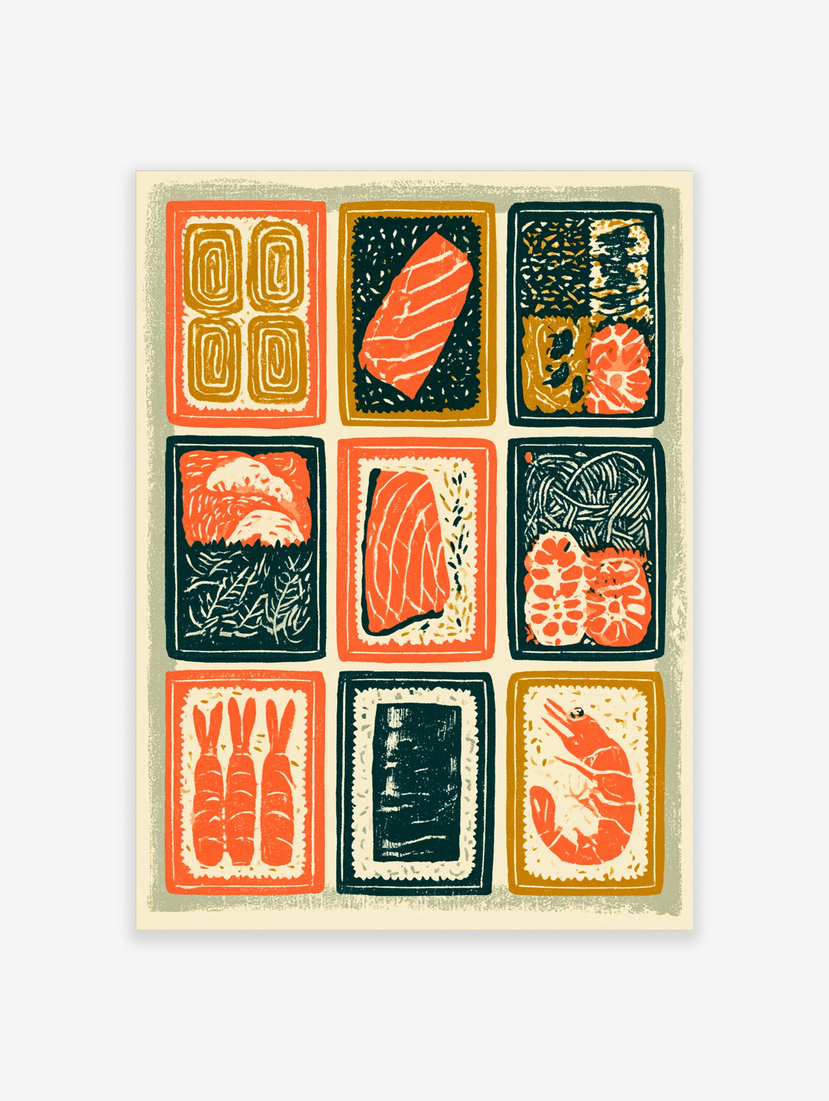 Sushi poster with nine woodblock-style panels of salmon nigiri, maki, prawn and noodles