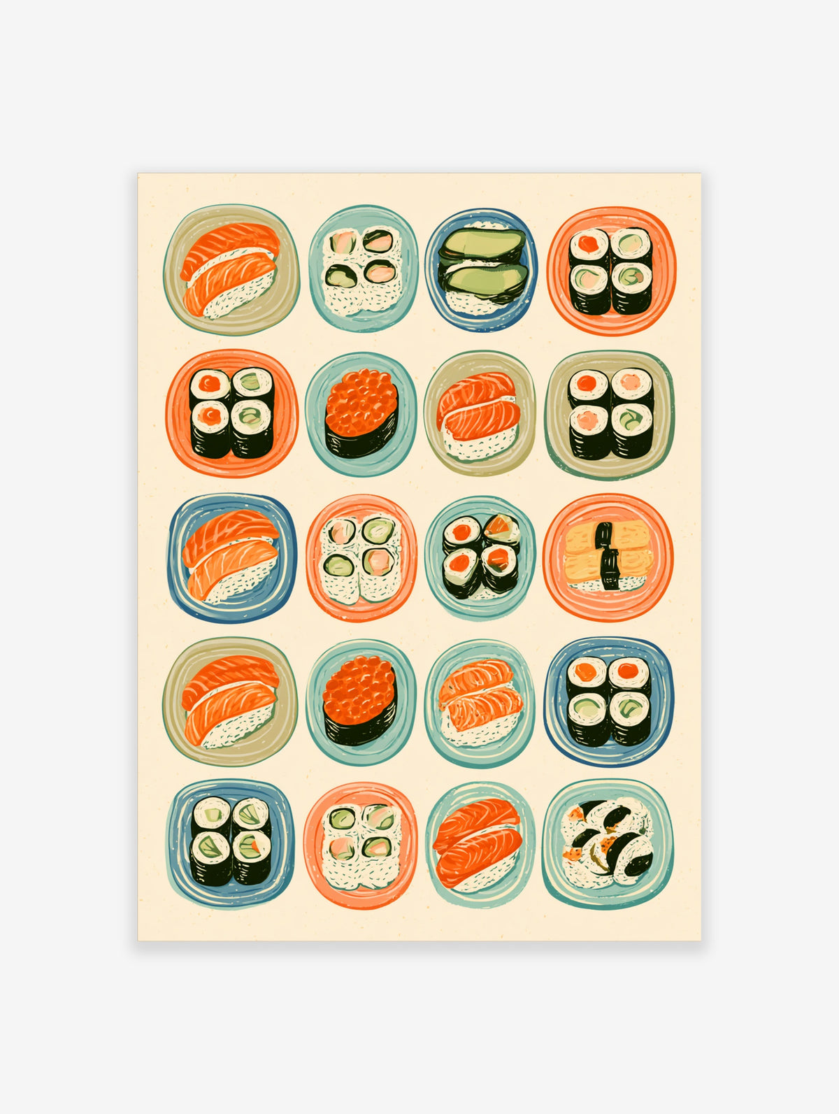 Colourful sushi illustration with nigiri, maki rolls, and ikura on patterned plates