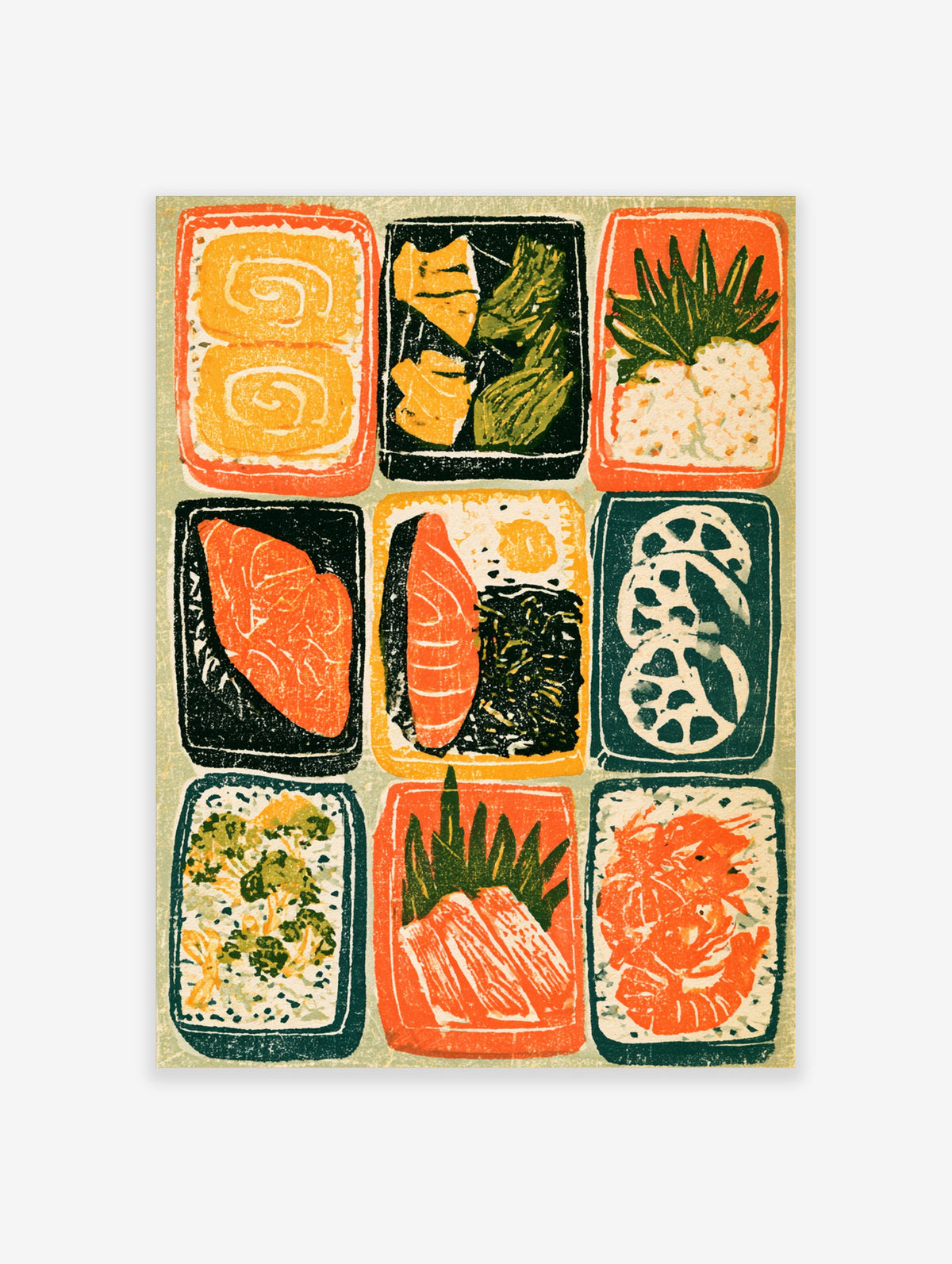 Sushi wall art print with nine colourful blocks of maki rolls, salmon nigiri, prawn, and seaweed in a woodblock style