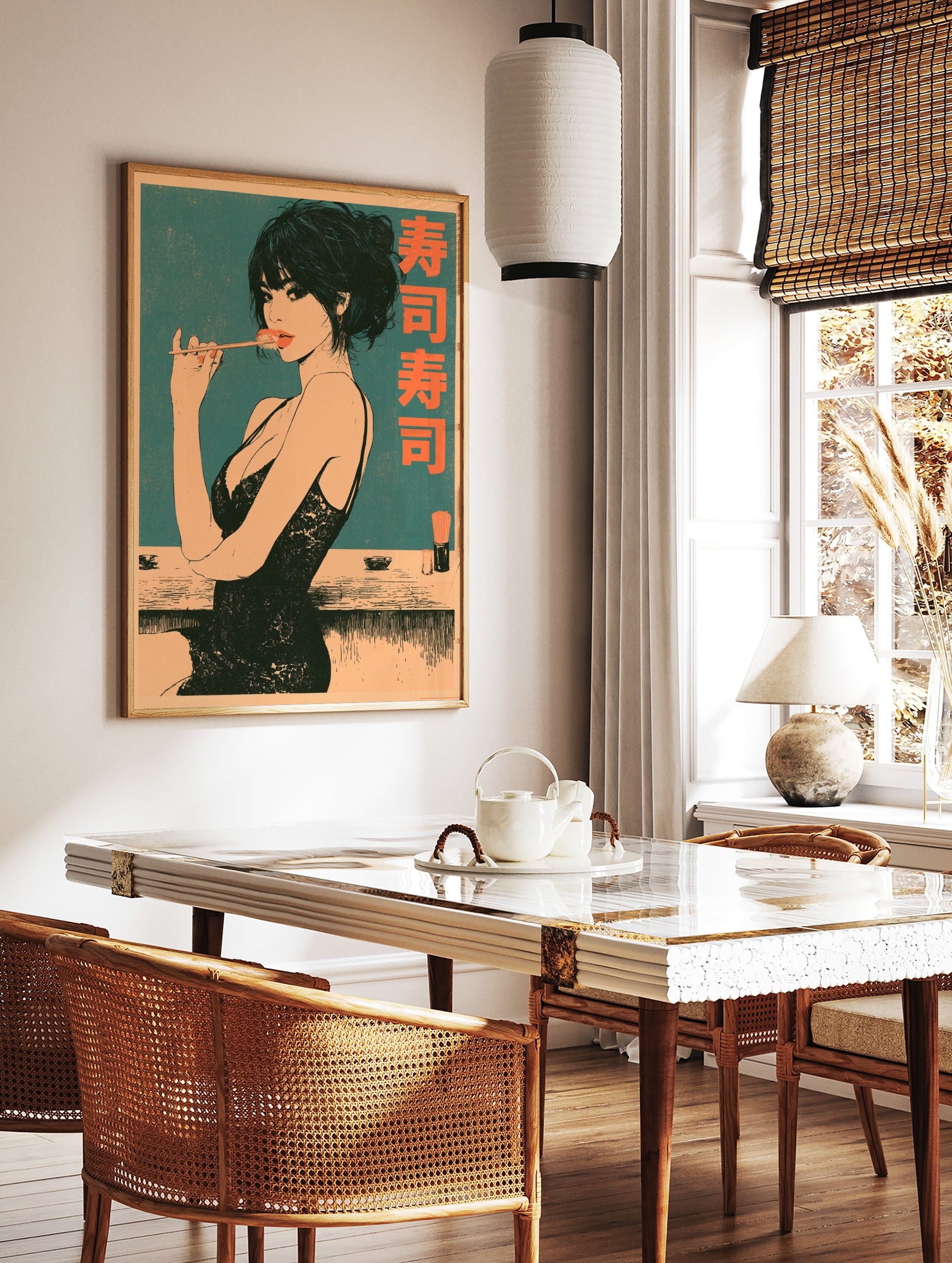 Illustrative poster of a woman eating sushi with chopsticks and Japanese kanji text on a teal, in a styled room mockup