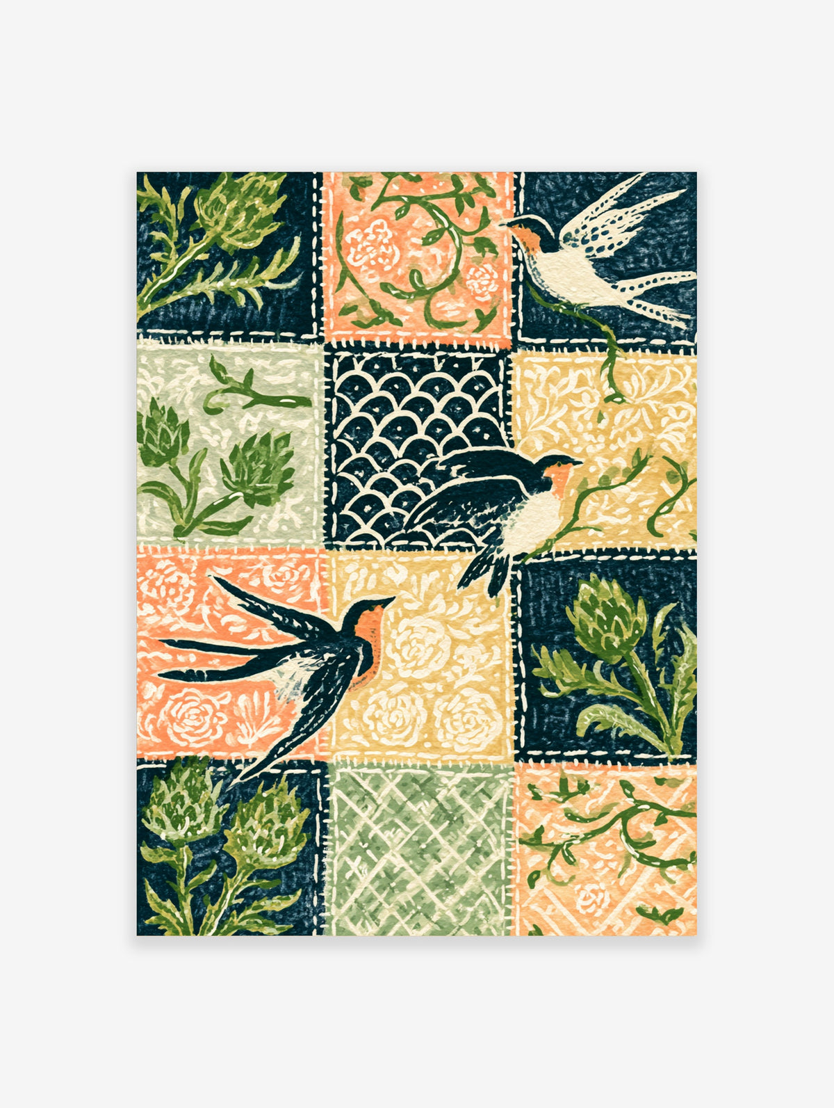 Patchwork art print with swallows, green sprigs, orange roses, and navy scallop pattern