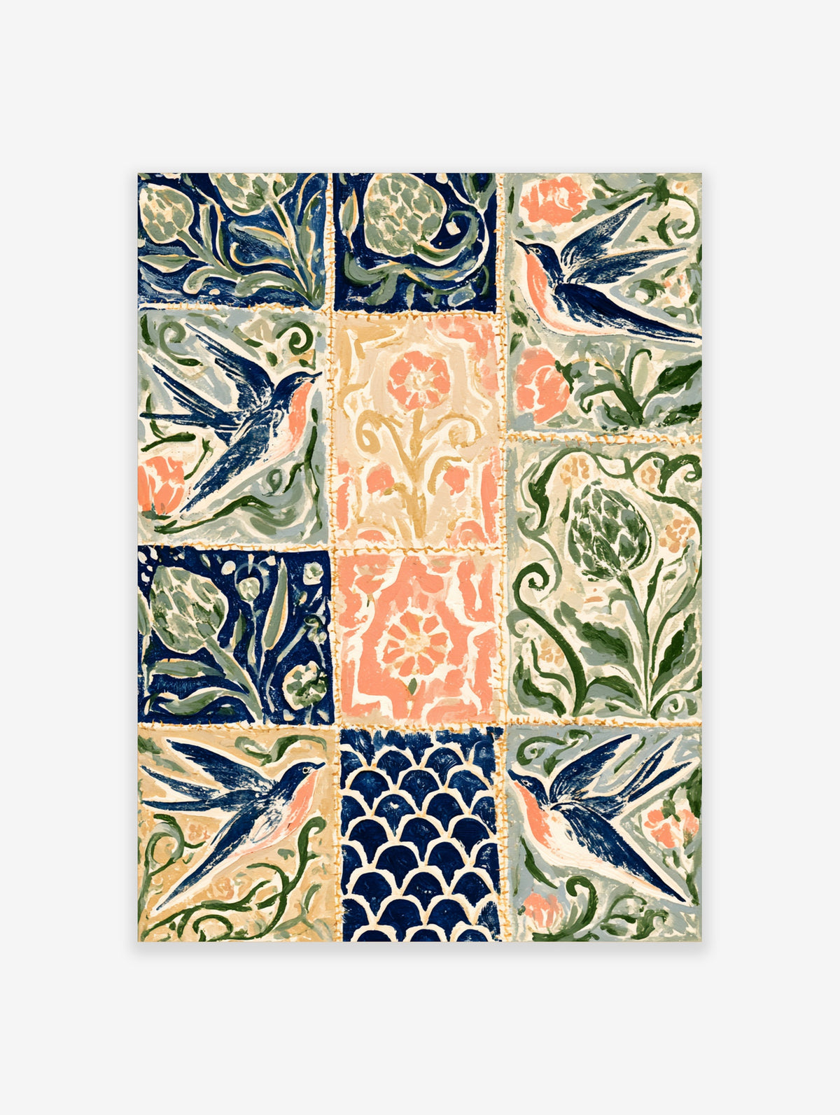 Arts and Crafts tile pattern with blue swallows, green foliage and coral flowers in a grid