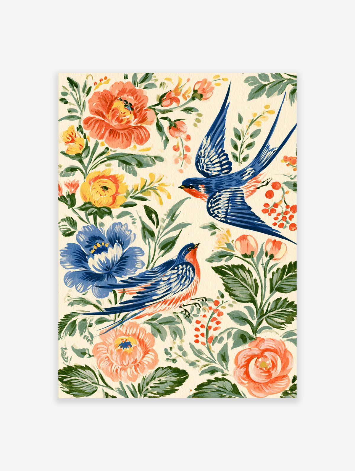 Blue swallows and colourful flowers on cream background, botanical bird art print