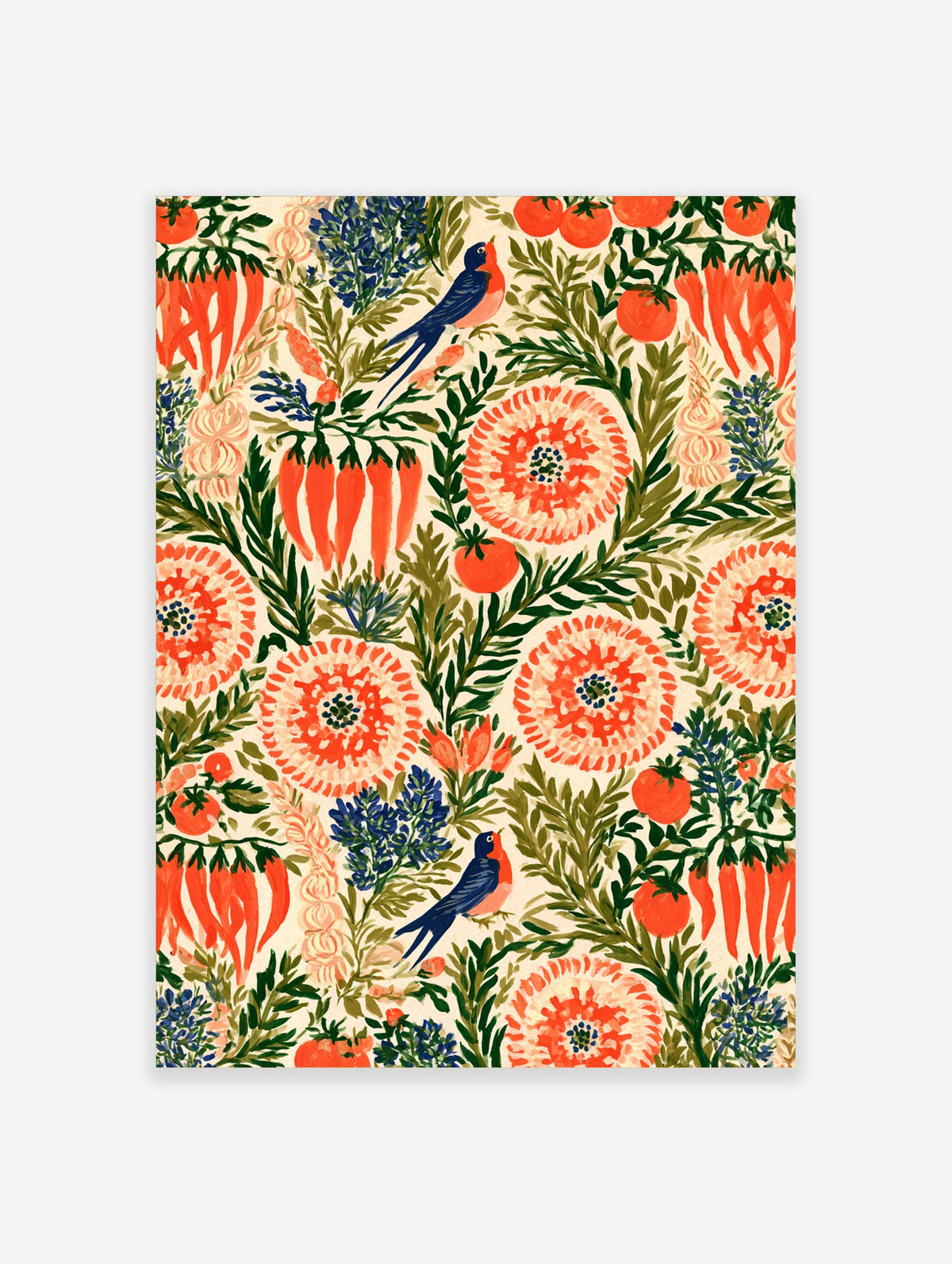 Colourful botanical art print of swallows, marigolds, carrots and tomatoes on cream background