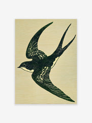 Green swallow bird illustration art print in flight on a cream textured background, featuring white stipple details.