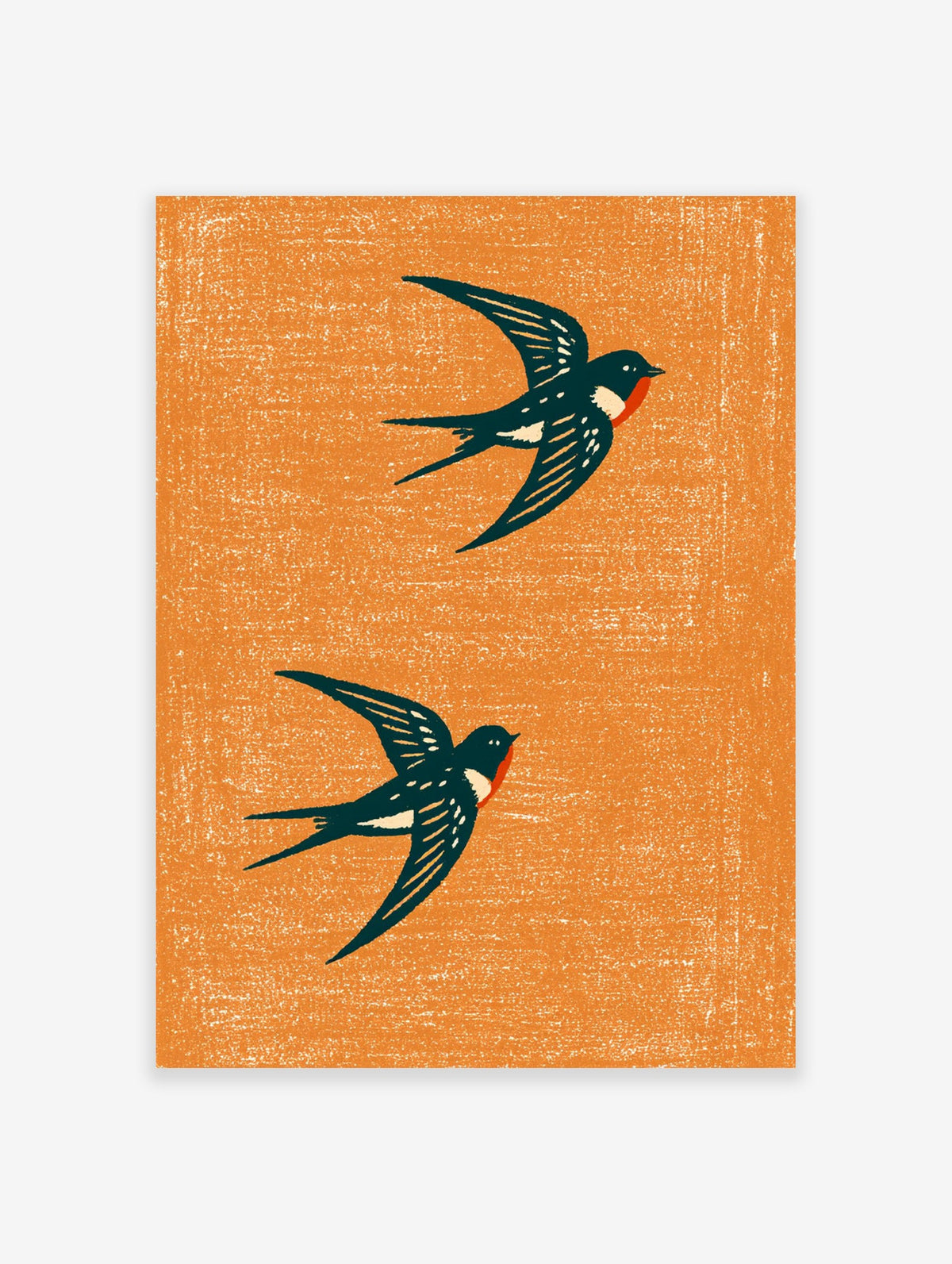 Duo flying swallow bird print with illustrative style on a textured orange background