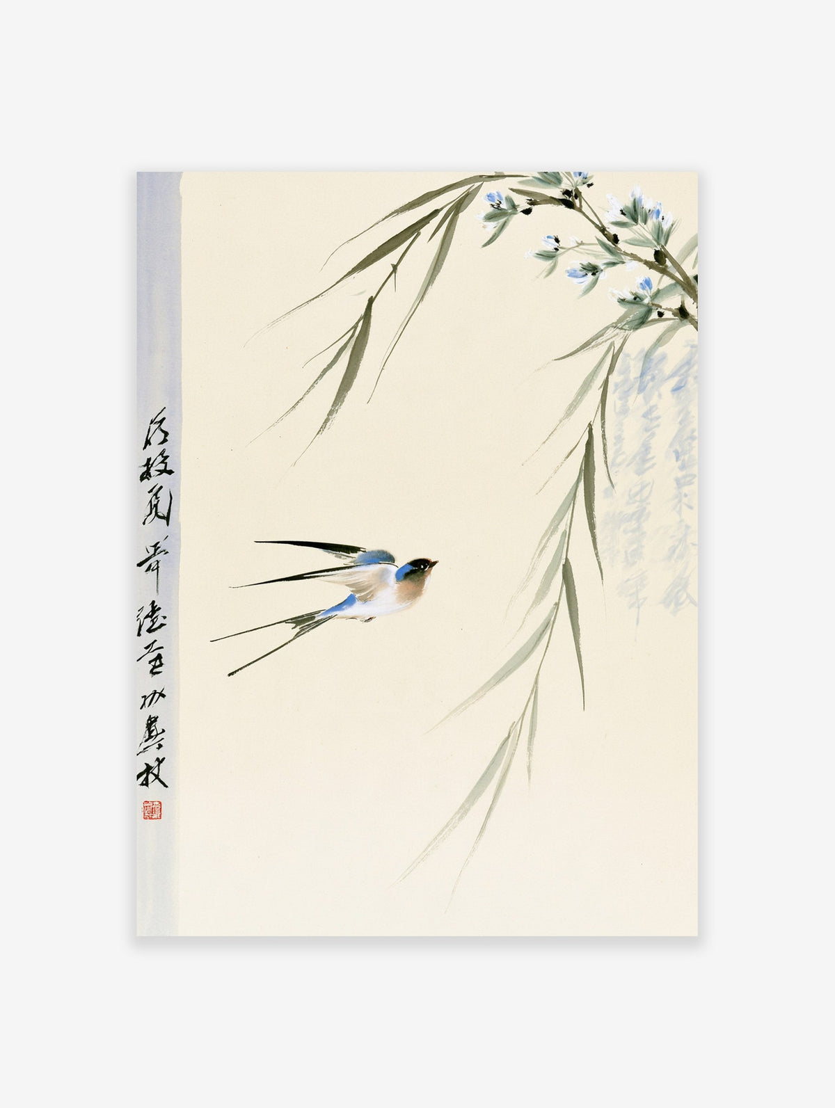 Japanese style swallow bird wall art print with willow branches, blue blossoms, and calligraphy on cream background