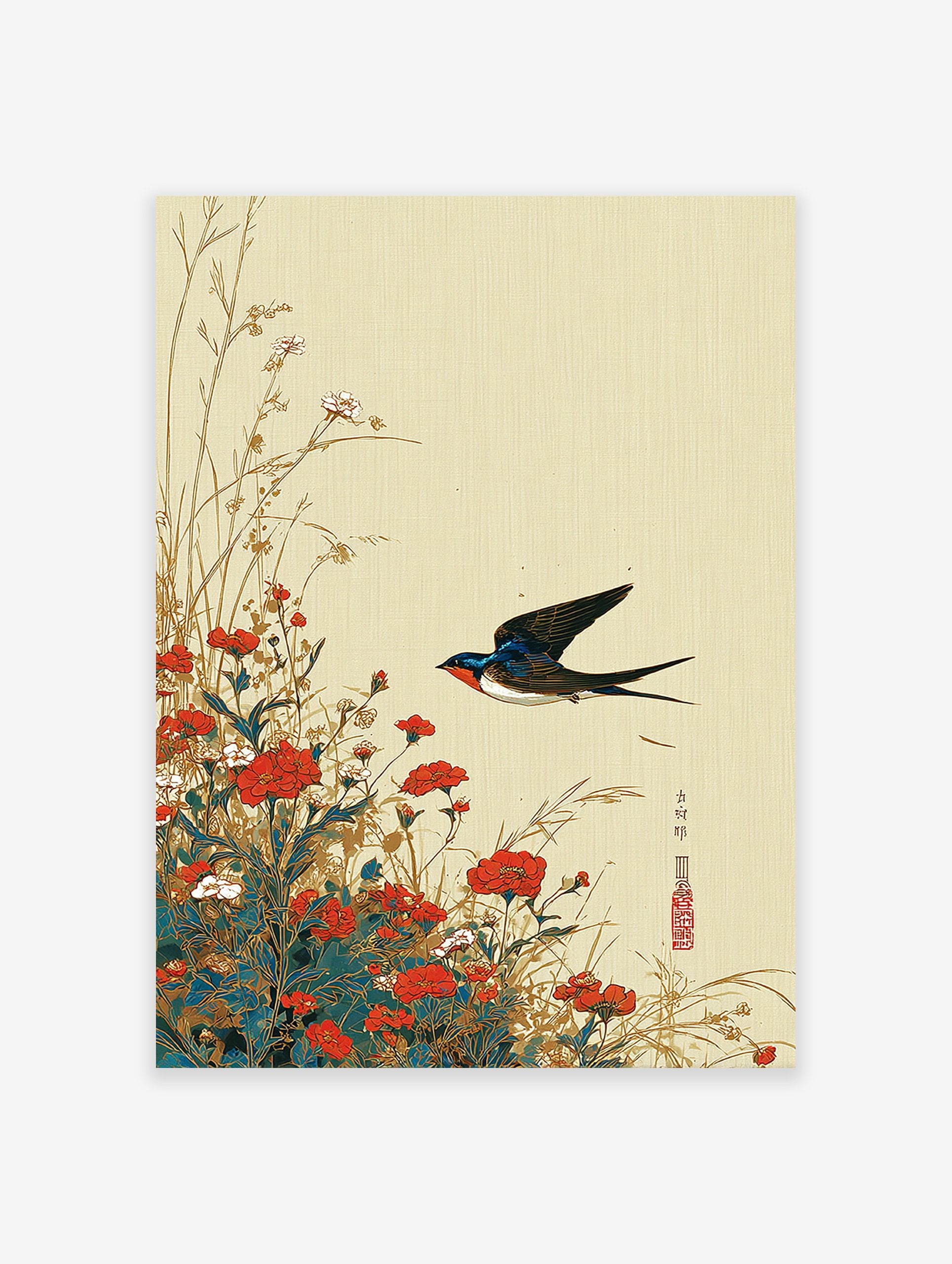 Traditional Asian swallow bird wall art print flying over red and white flowers and grass on a light beige textured background.