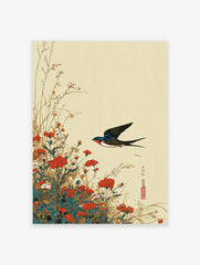 Traditional Asian swallow bird wall art print flying over red and white flowers and grass on a light beige textured background.