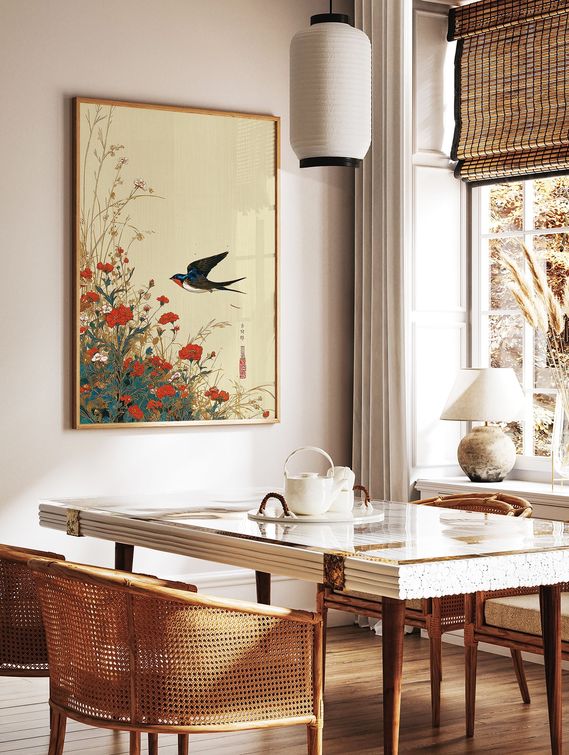 Traditional Asian swallow bird wall art print flying over red and white flowers and grass on a light beige textured background. - Image 2
