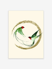 Two green swallow birds in flight inside a golden brushstroke circle, Japanese inspired art print