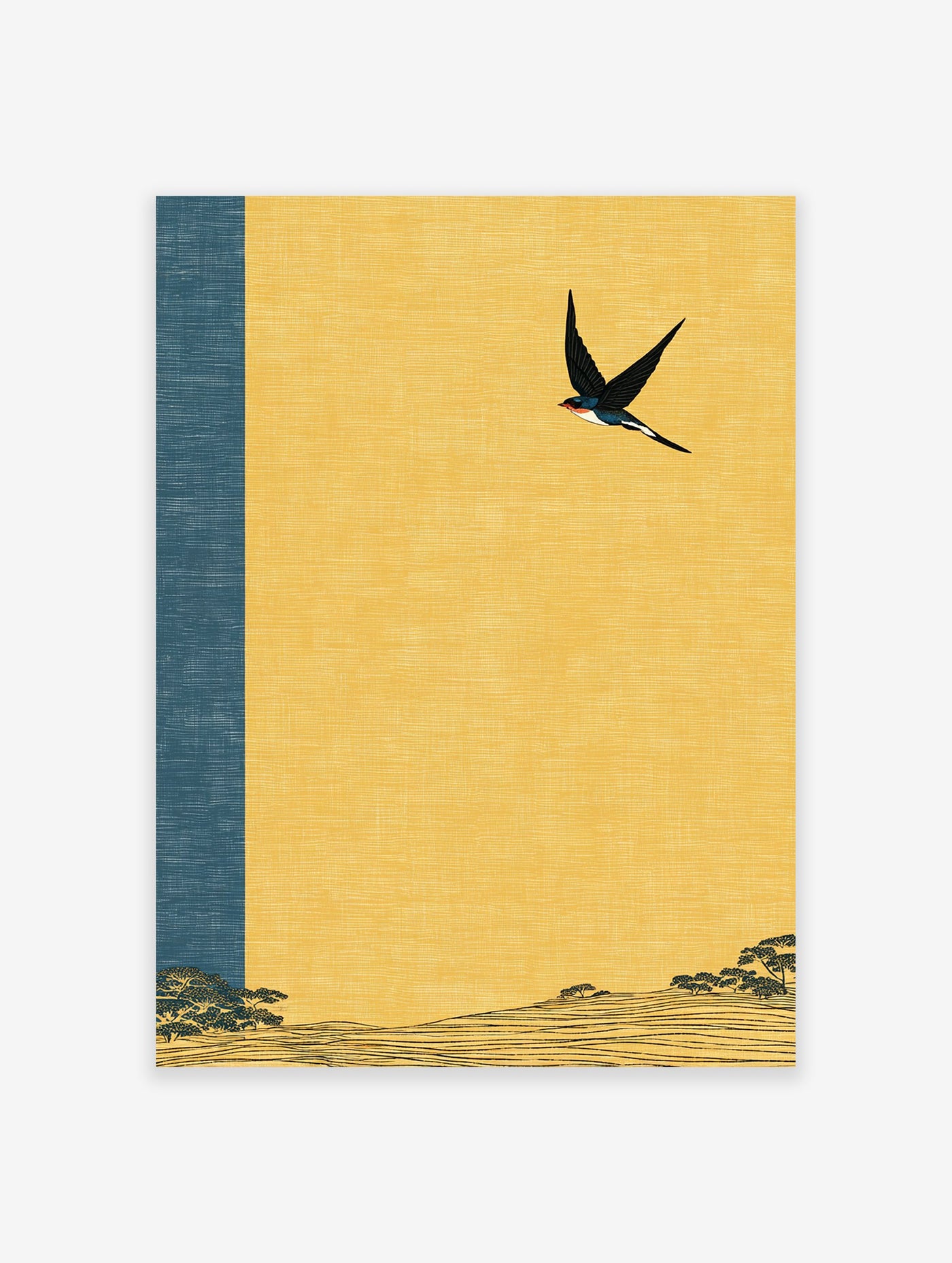 Japanese-style swallow bird flying over a yellow and blue landscape with hills and trees, illustrative art print.