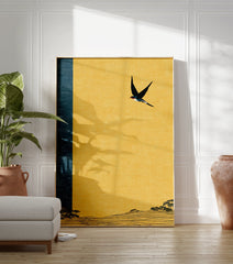Japanese-style swallow bird flying over a yellow and blue landscape with hills and trees, illustrative art print. - Image 3