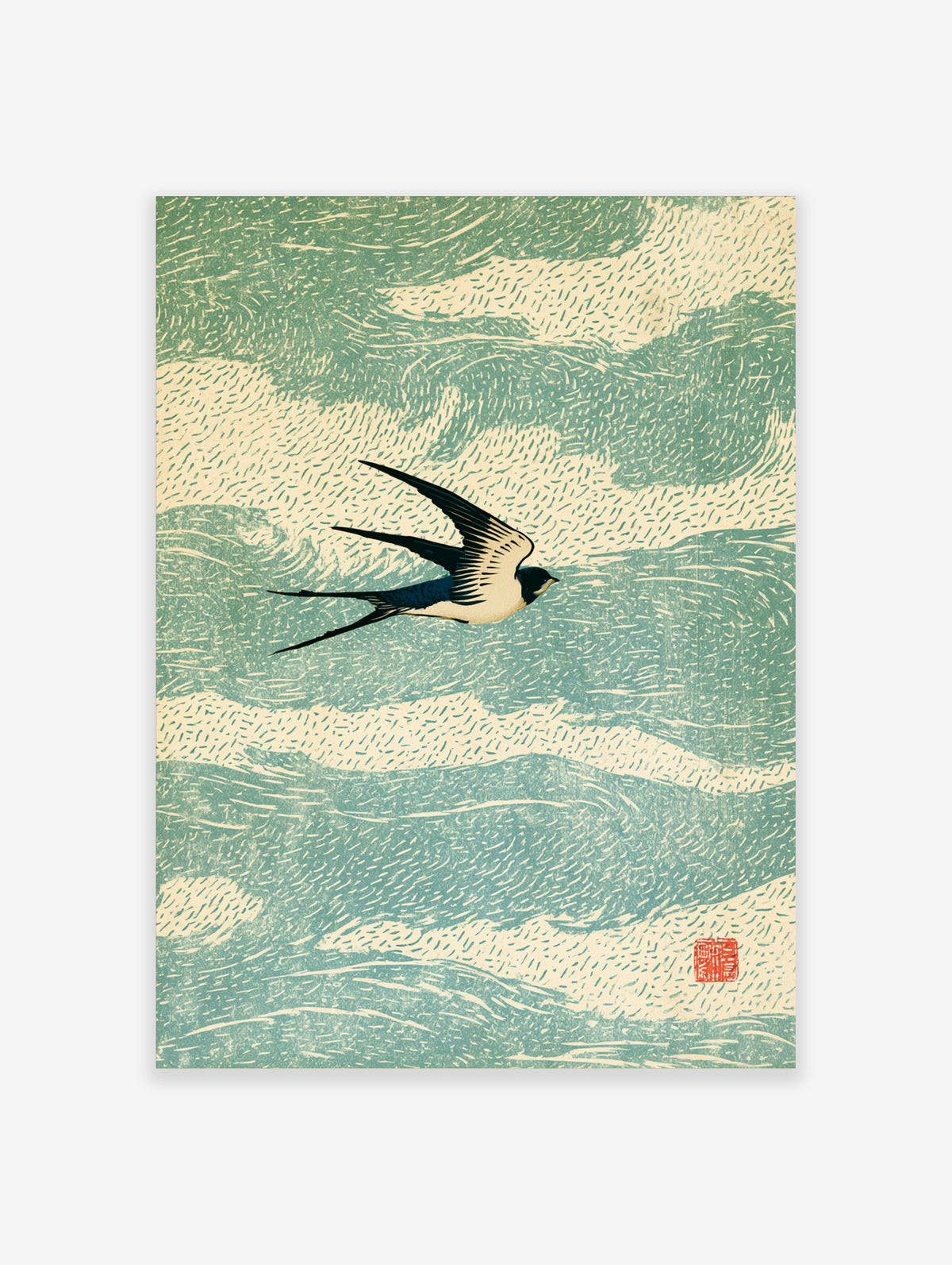 Swallow bird flying over stylised green and cream waves, Japanese woodblock style art print