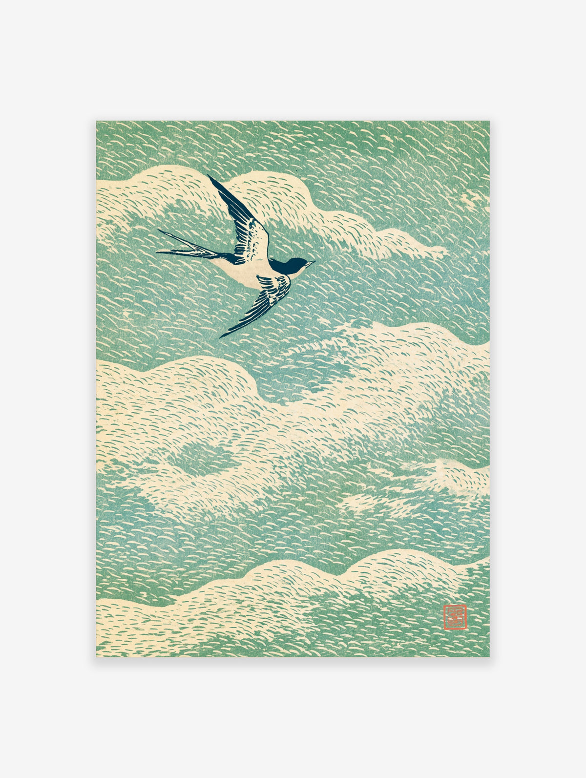 Swallow bird flying over cream clouds in a green sky, Japanese woodblock style art print