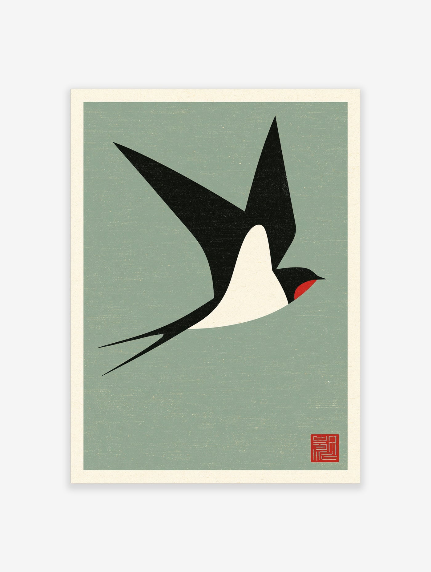 Minimalist swallow bird illustration in flight with black wings and red throat detail on a sage green background
