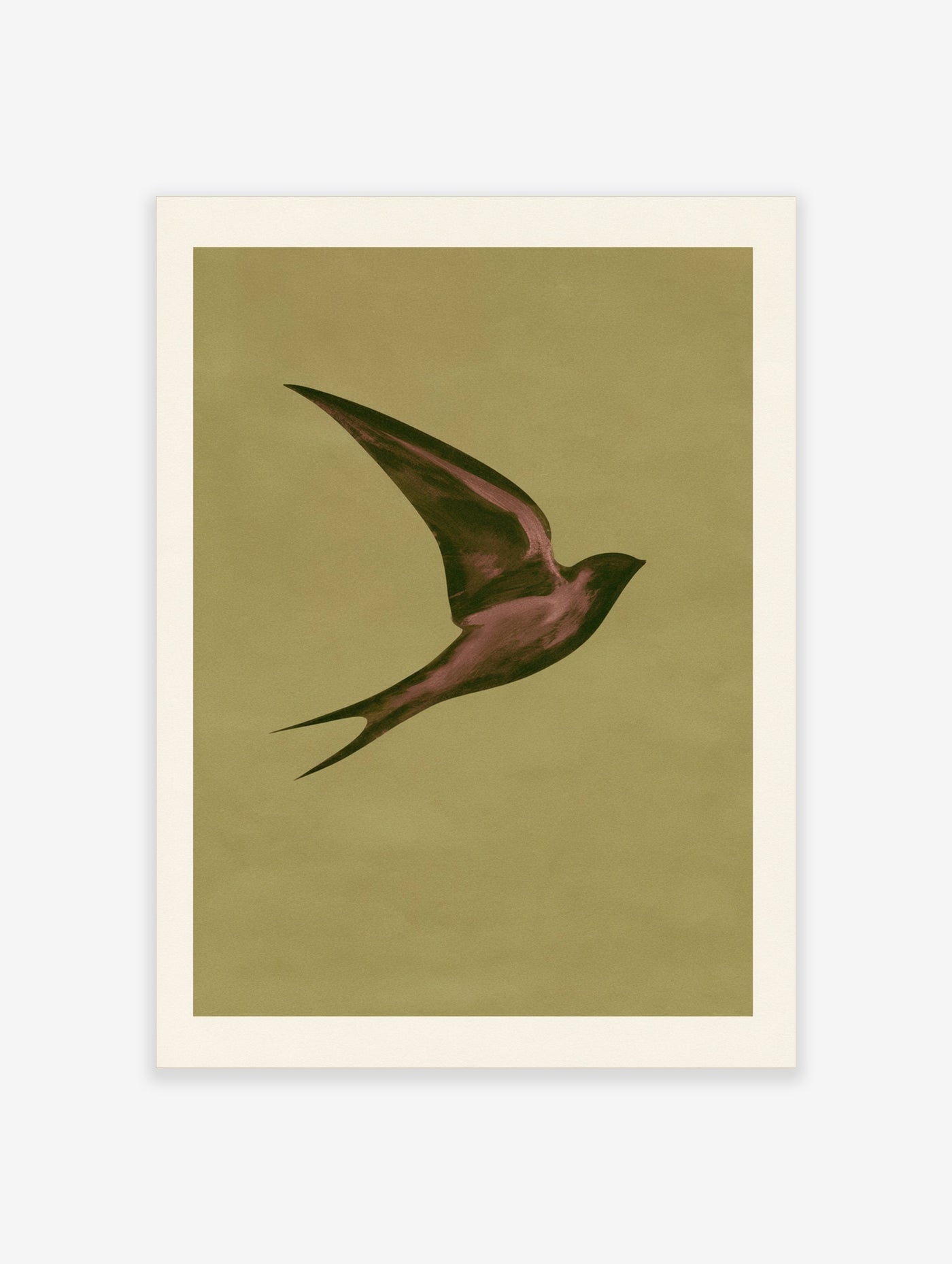 Minimalist swallow bird silhouette in dark maroon against a muted olive green background wall art print