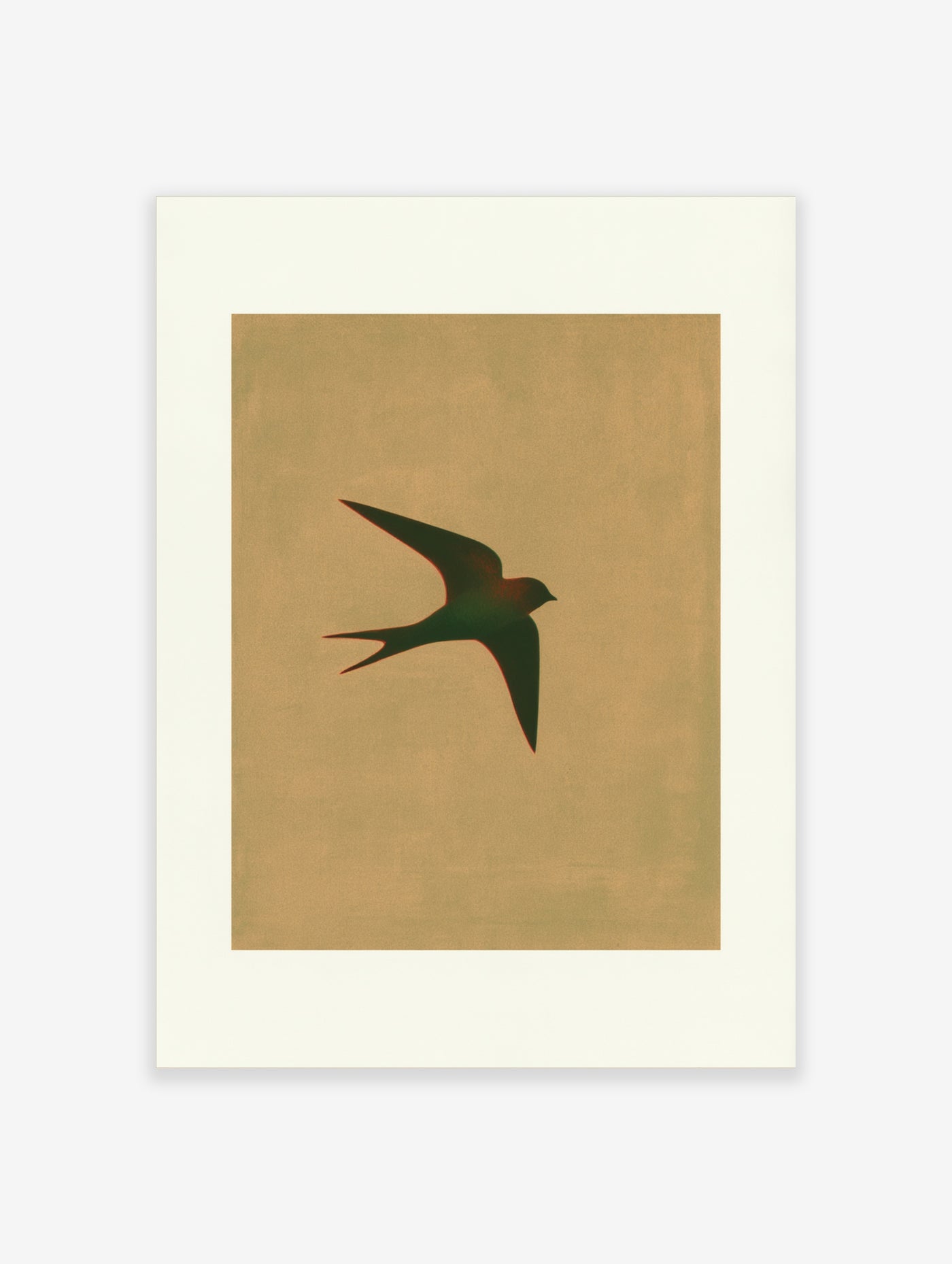 Minimalist swallow bird wall art print featuring a dark silhouette with a red outline on a textured tan background