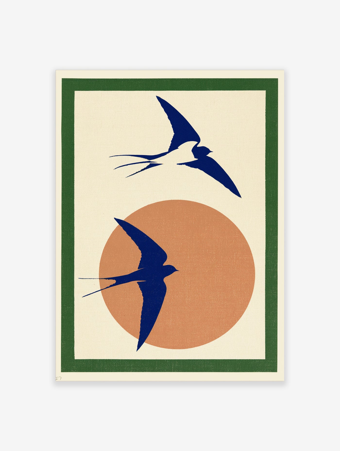Two blue swallows in flight against an orange circle, framed by a green border, minimalist art print