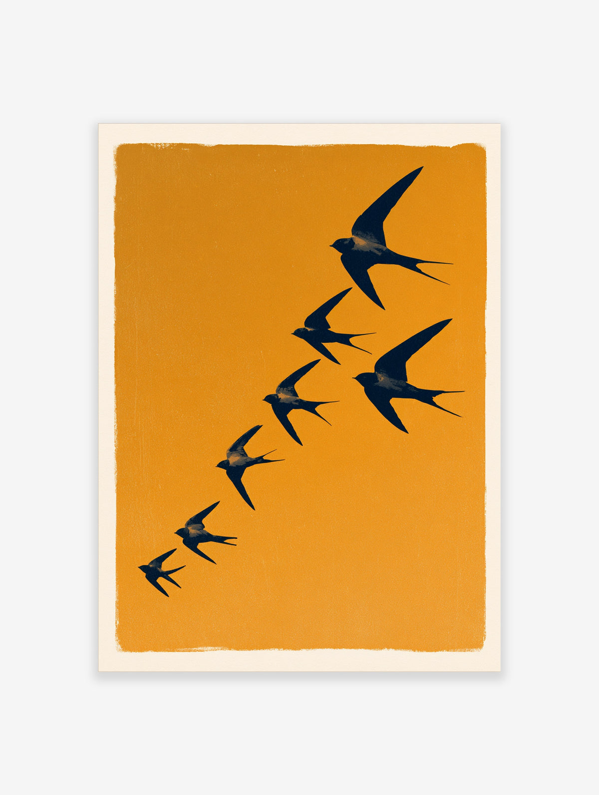 Six dark swallows flying in diagonal formation on a mustard yellow background, animal poster art