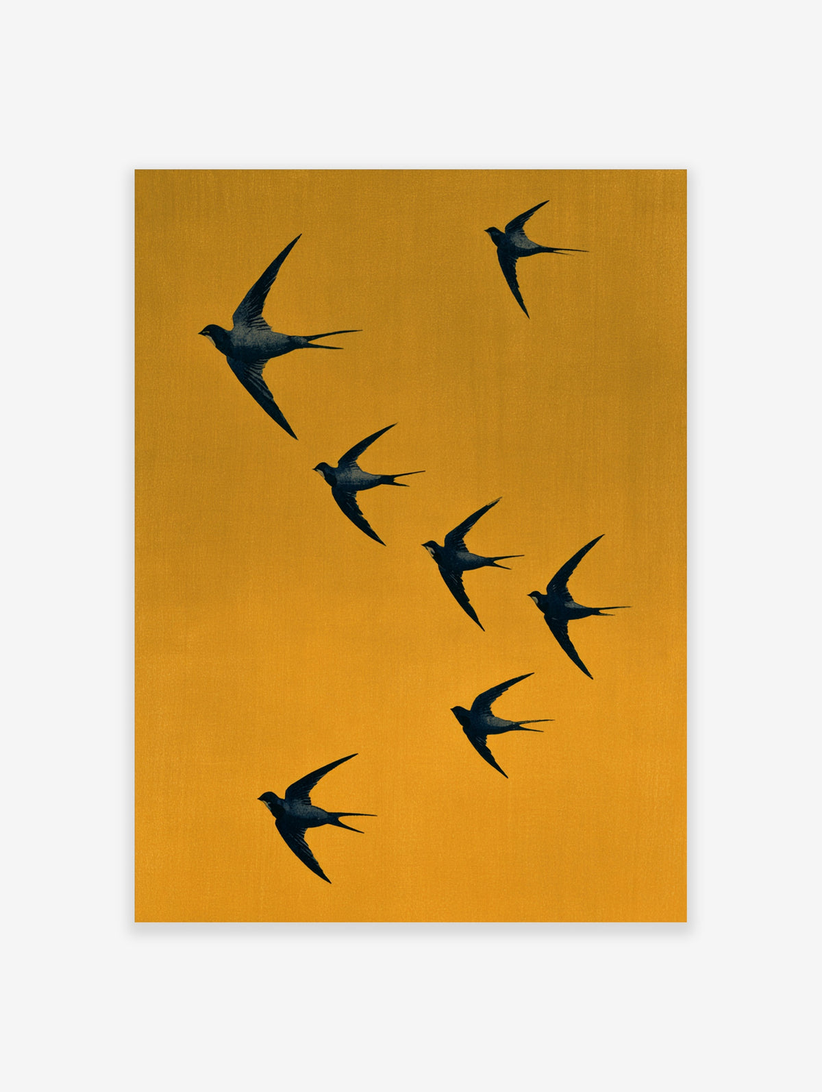 Seven dark swallow silhouettes flying in diagonal formation on a mustard yellow background art print