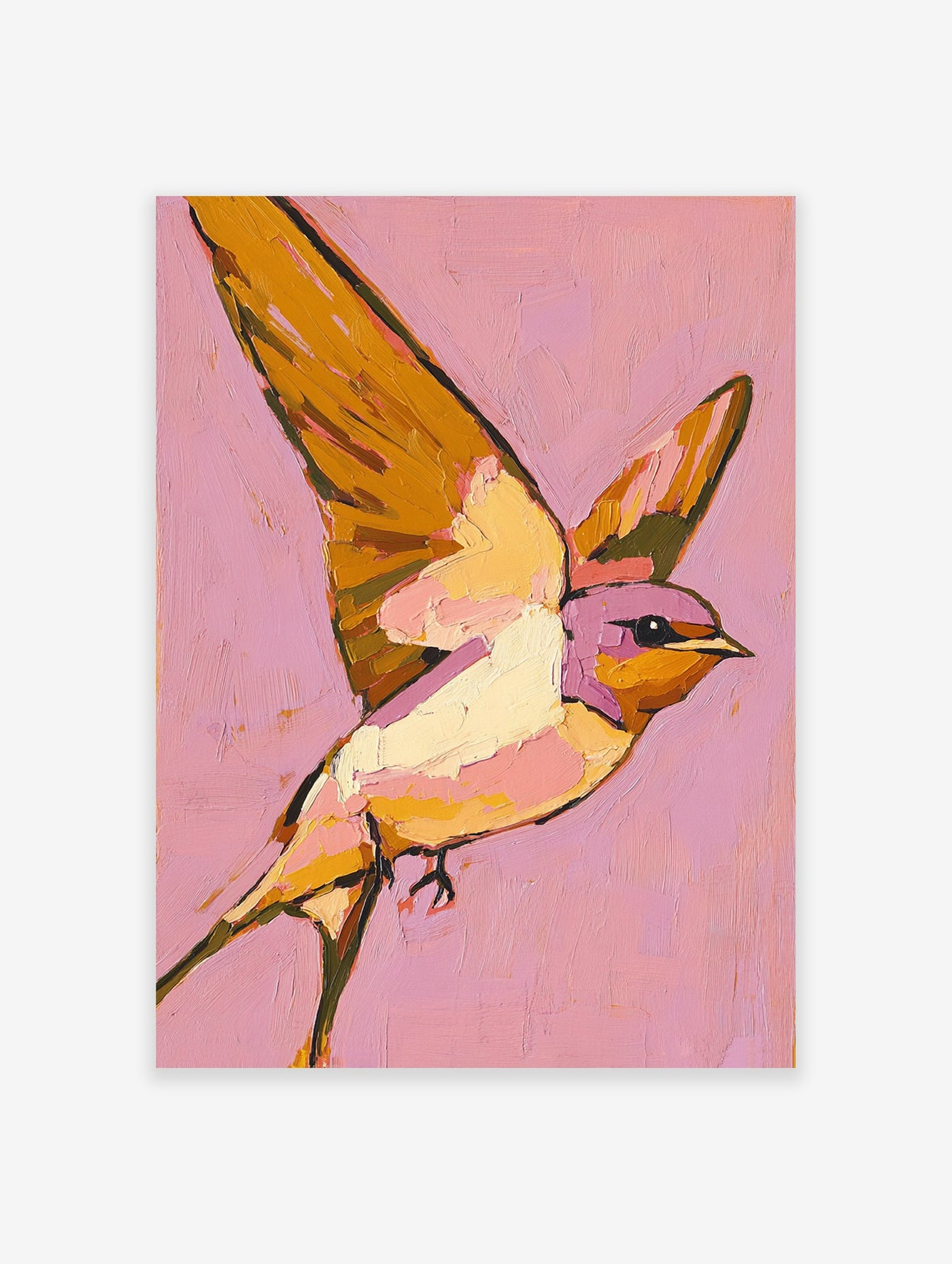 Textured painting of a swallow bird with outstretched wings on a vibrant pink background, in yellow, orange, and purple.