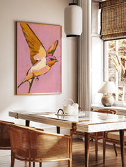 Textured painting of a swallow bird with outstretched wings on a vibrant pink background, in yellow, orange, and purple. - Image 2