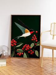 Swallow bird flying towards red berries on a branch against a dark green background, in a stylized botanical art print. - Image 2