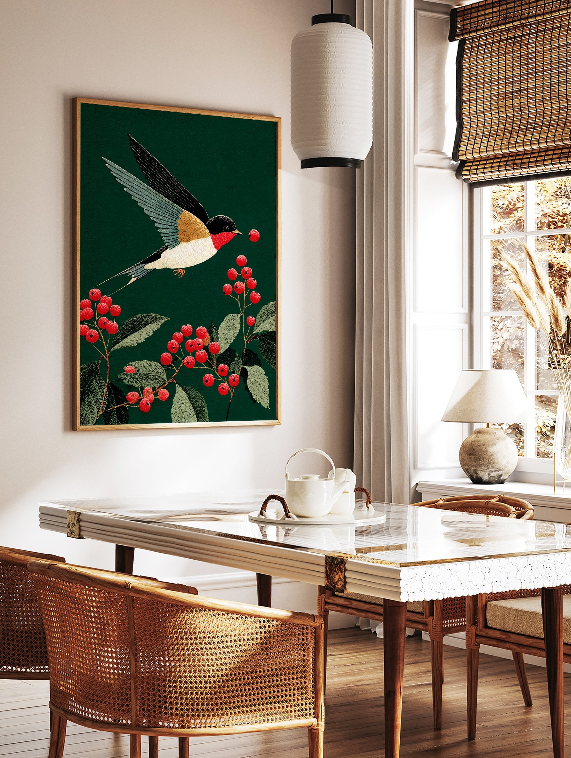 Swallow bird flying towards red berries on a branch against a dark green background, in a stylized botanical art print. - Image 3