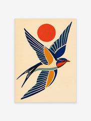 Stylised swallow bird illustration in blue and orange with a sun motif on a cream background, unframed art print