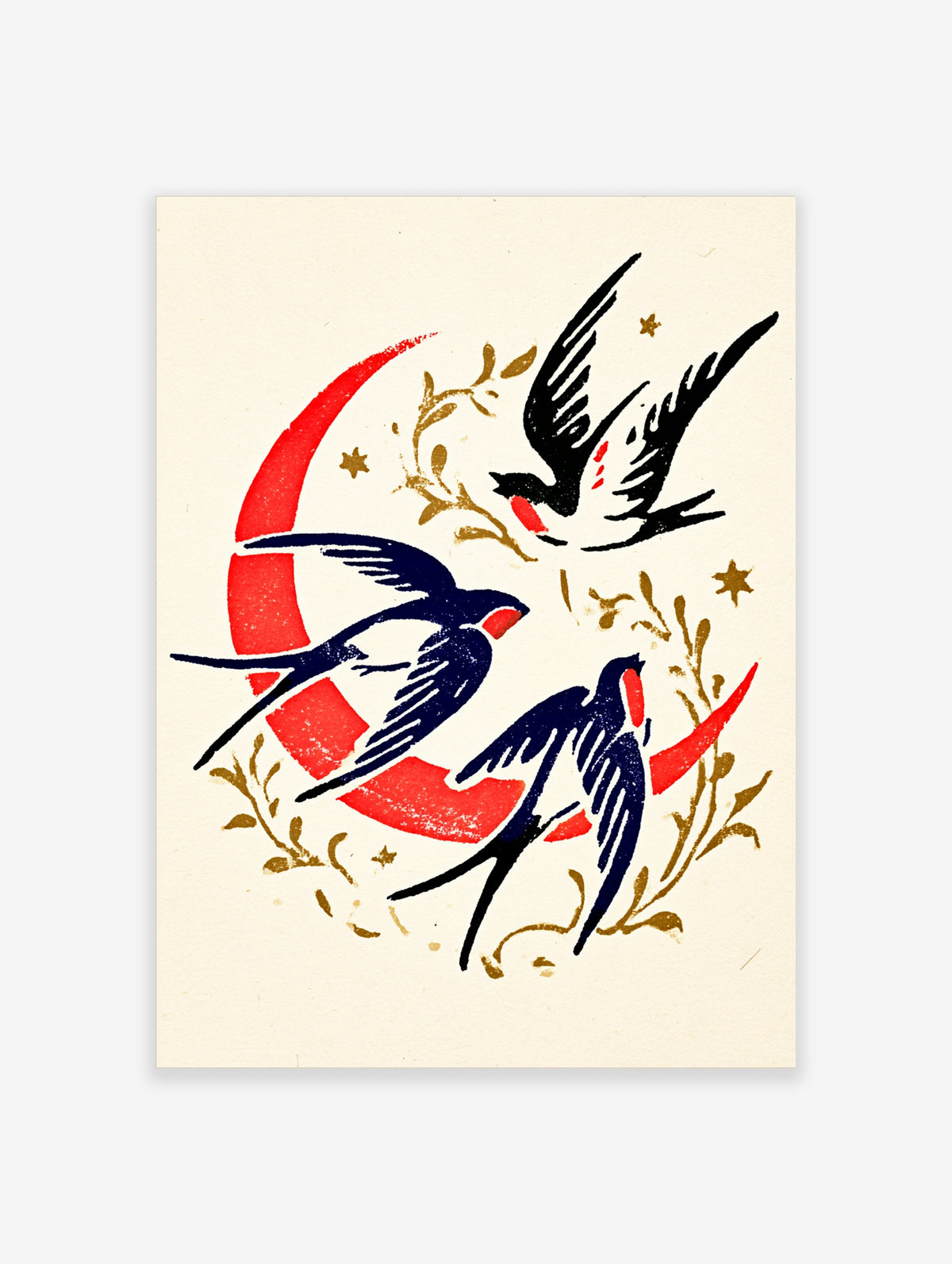 Three swallows flying around a red crescent moon with gold botanical details on cream background
