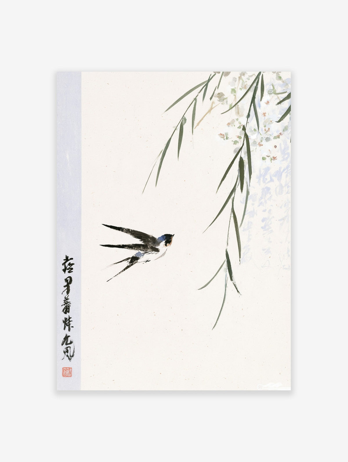 Japanese style swallow bird in flight with willow branches and black calligraphy on a white background art print