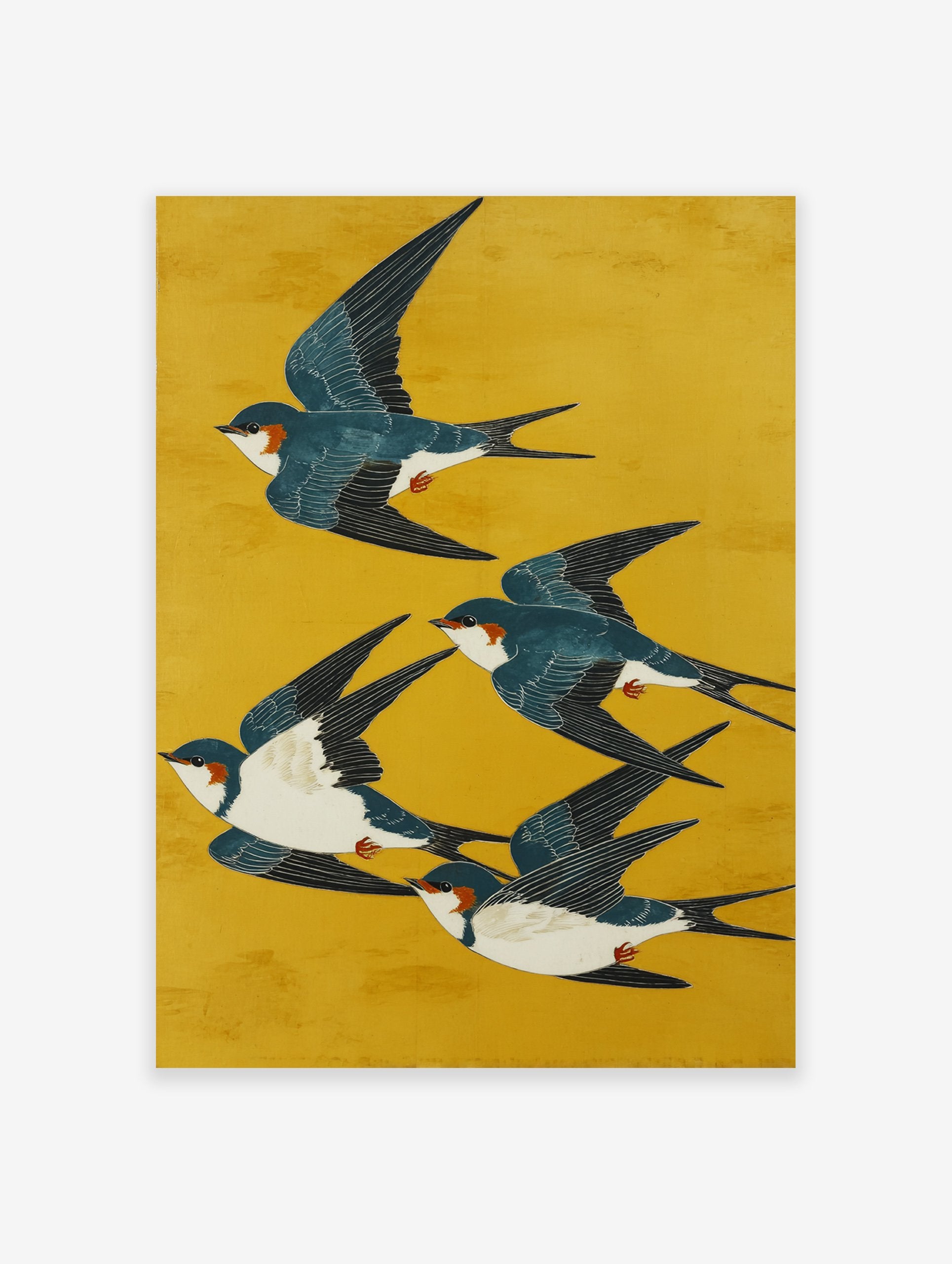 A Japanese illustration poster featuring five blue and white swallow birds with orange markings flying across a vibrant yellow background.