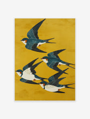 A Japanese illustration poster featuring five blue and white swallow birds with orange markings flying across a vibrant yellow background.