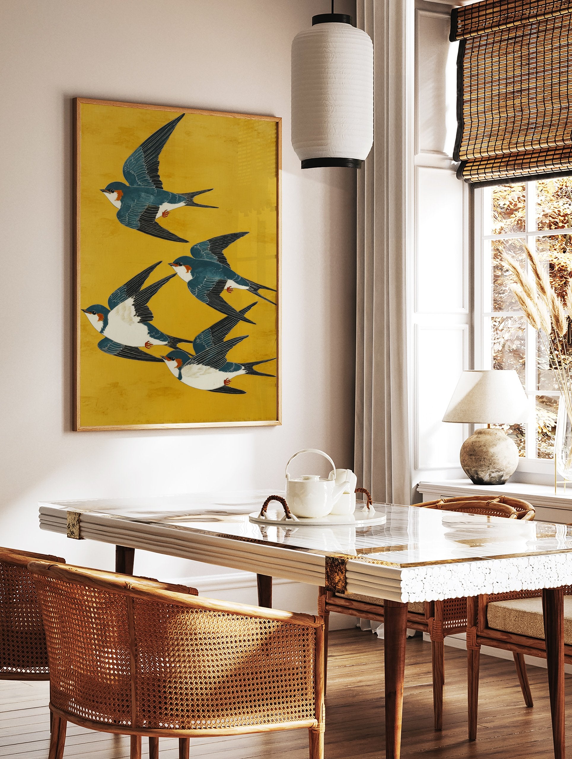 A Japanese illustration poster featuring five blue and white swallow birds with orange markings flying across a vibrant yellow background. - Image 2