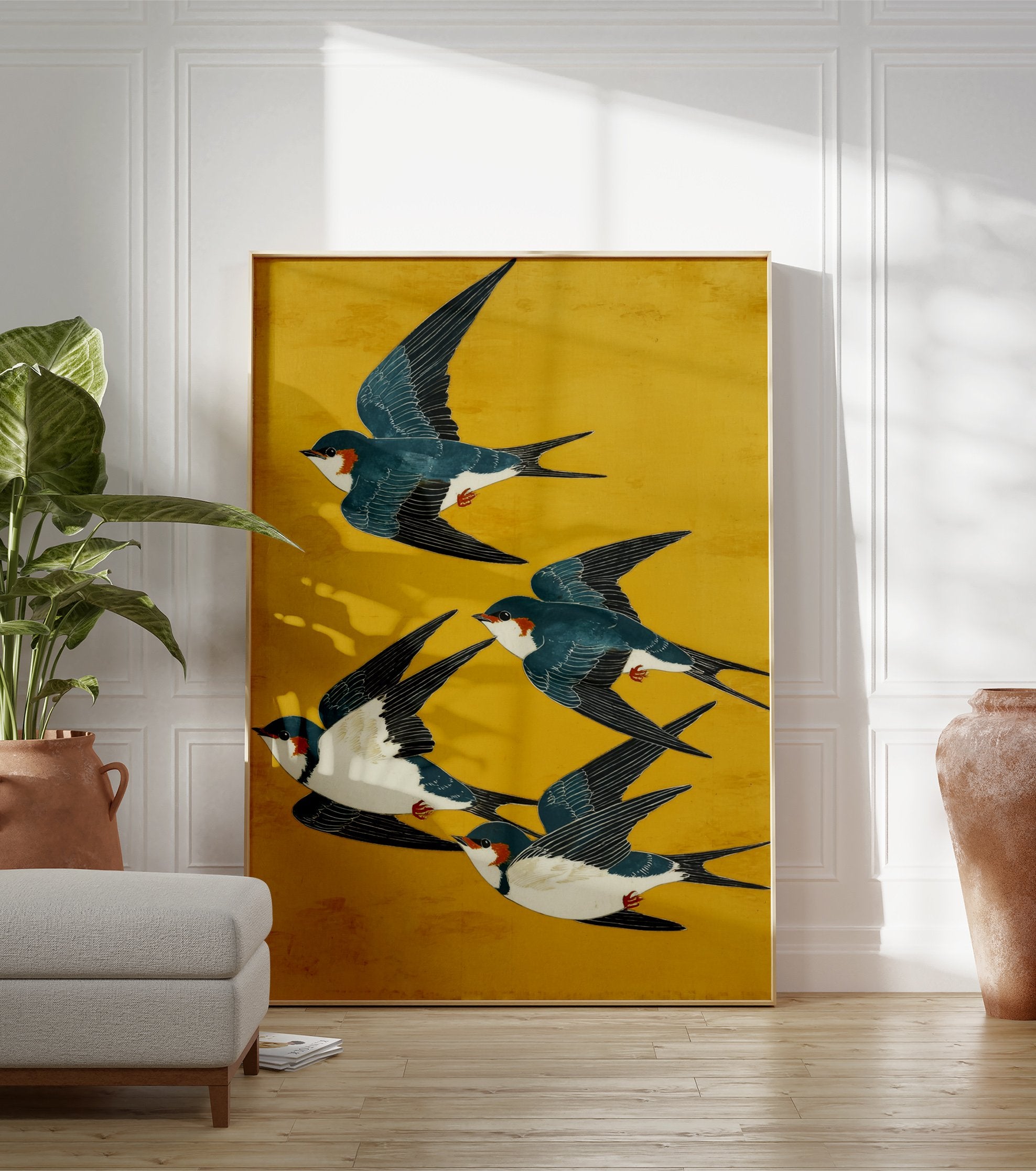 A Japanese illustration poster featuring five blue and white swallow birds with orange markings flying across a vibrant yellow background. - Image 3