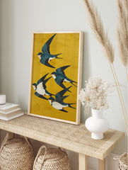 A Japanese illustration poster featuring five blue and white swallow birds with orange markings flying across a vibrant yellow background. - Image 4