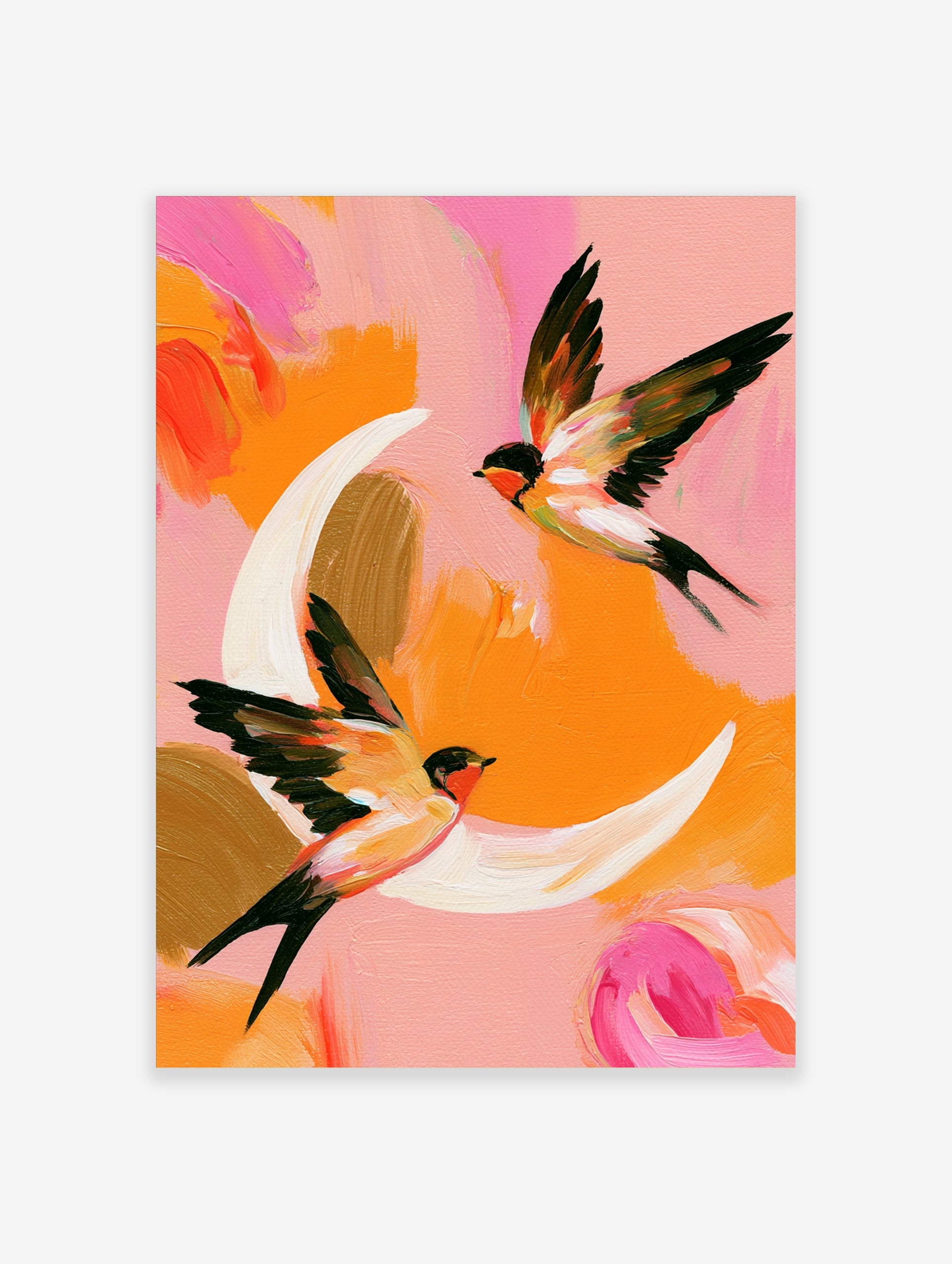 Two swallows in flight against a painterly pink and orange background, abstract bird wall art print