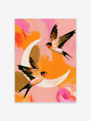Two swallows in flight against a painterly pink and orange background, abstract bird wall art print