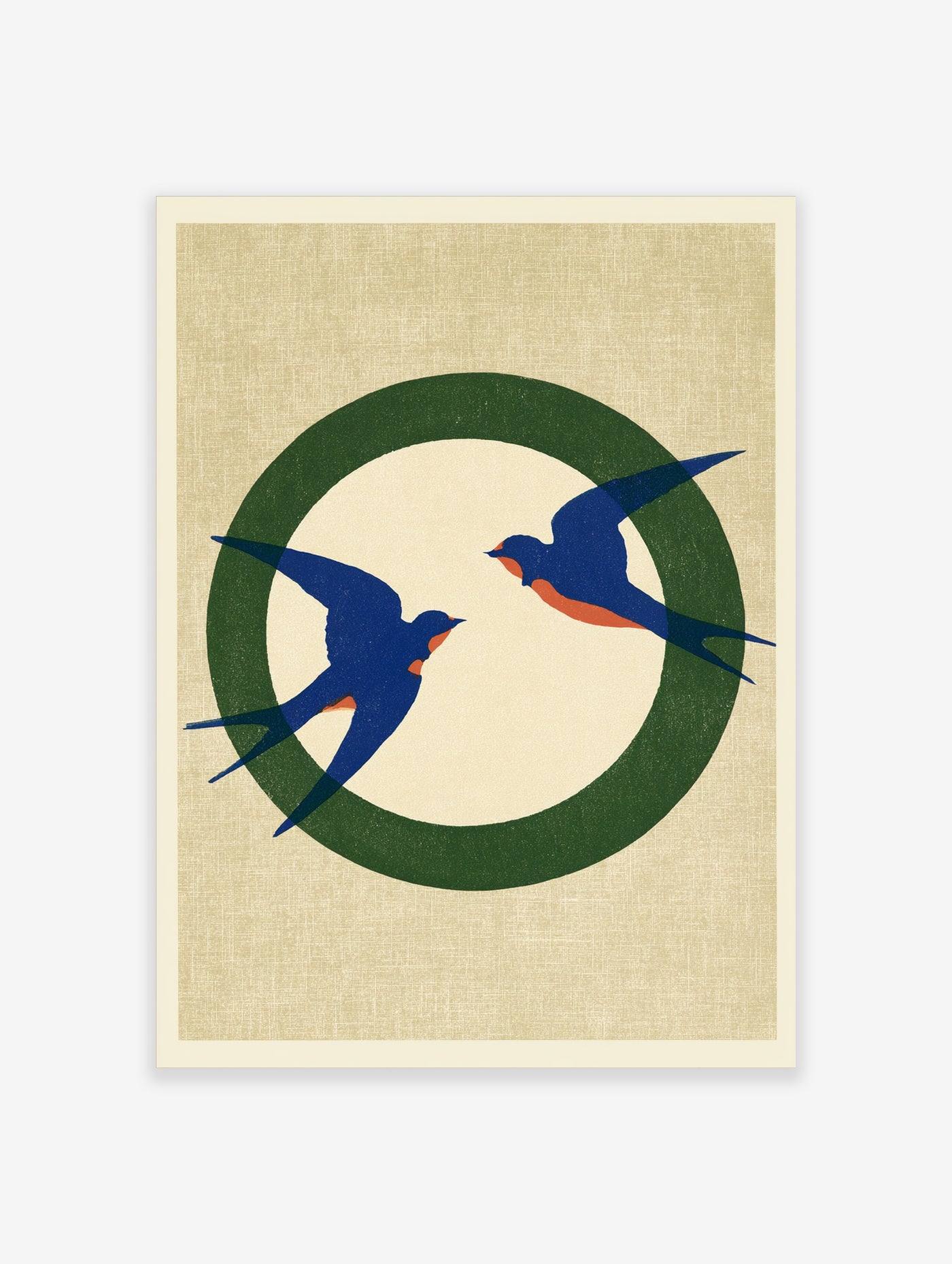 Illustrative wall art print of two blue swallow birds flying inside a green circle on a textured beige background