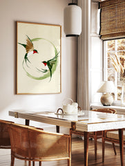 Japanese style ink brush painting of two swallow birds flying within a green circular brushstroke, in a styled room mockup