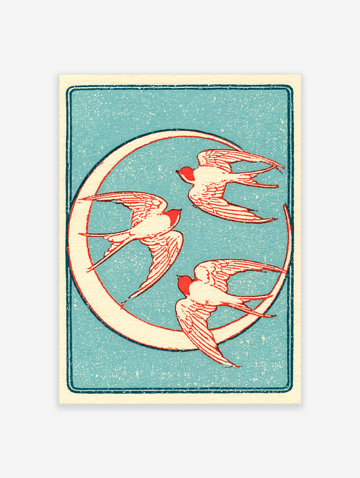 Vintage style illustration of three red swallow birds flying in a circle against a textured blue background