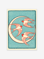 Vintage style illustration of three red swallow birds flying in a circle against a textured blue background