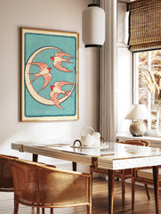 Vintage style illustration of three red swallow birds flying in a circle against a textured blue, in a styled room mockup