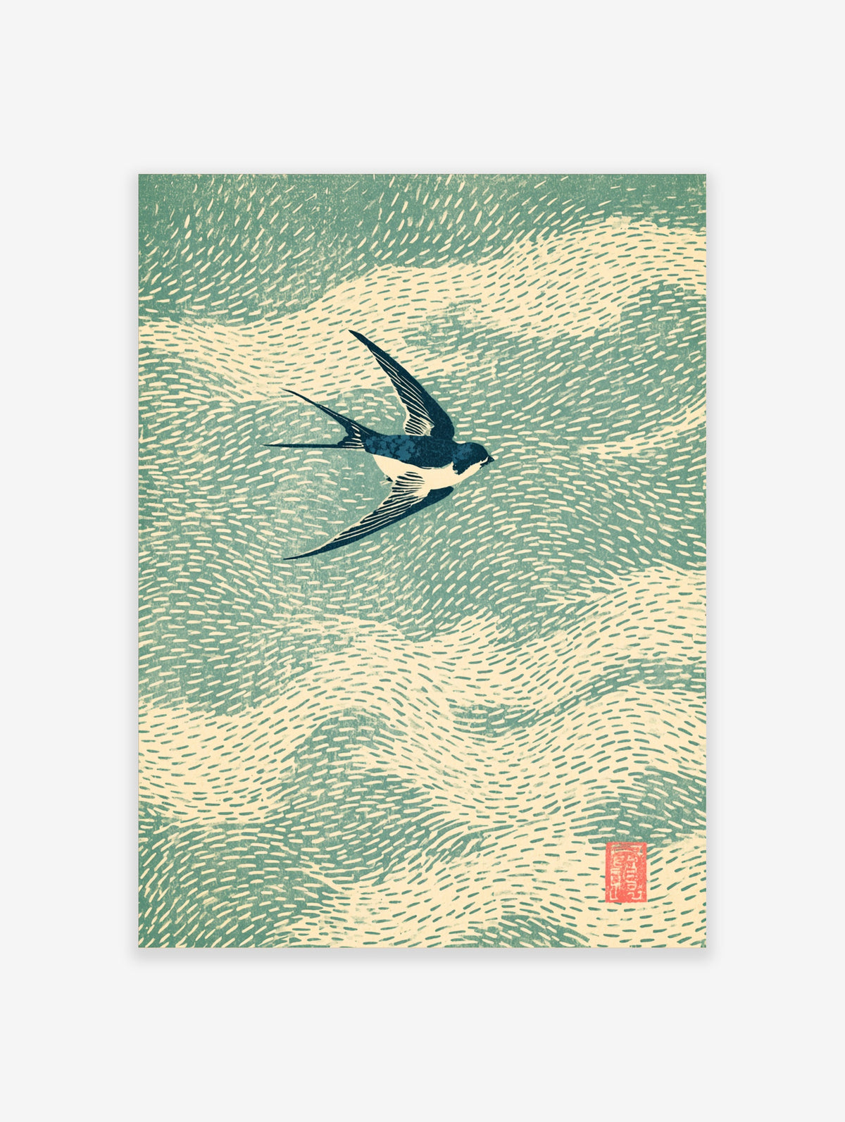 Swallow in flight art print with dark blue bird over teal and cream wave pattern