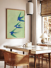 Three blue and green swallows in flight on a light green background, Japanese style swallow wall art print. - Image 2